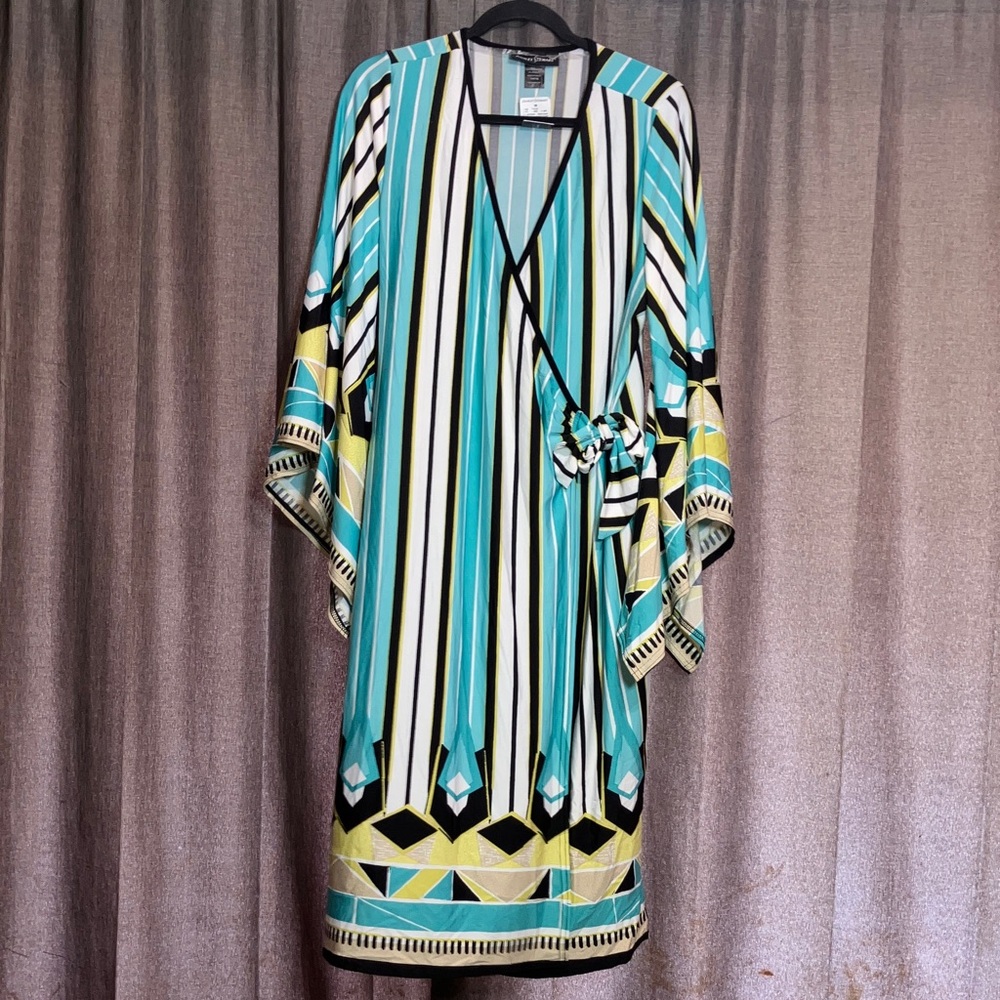 Ashley Stewart Teal and Yellow Striped Long Sleeve wrap Dress